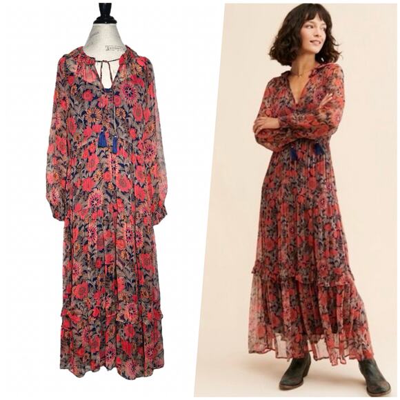 By Anthropologie | Women | The Marais Floral Chiffon Boho Maxi Dress | Small - Picture 1 of 15